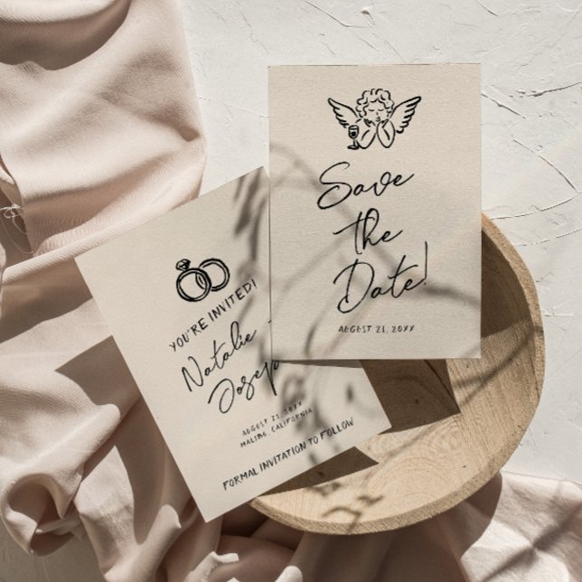 Reserve A Data Casamento Quirky Cupido Desenhado à Mão Retro (Criador carregado)