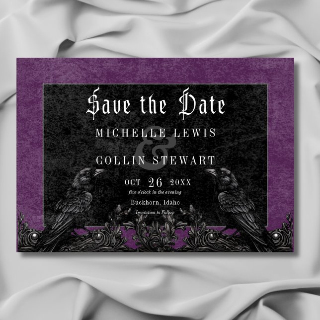 Reserve A Data Casamento Raven Preto Gótico e Rosas Roxo (Gothic Black Raven & Roses Purple Wedding Save The Date)