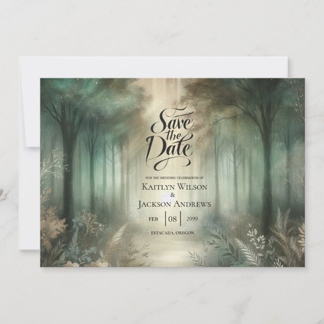 Reserve A Data Casamento Resplandecente Floresta Encantada Verde  (Frente)