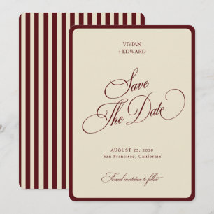 Reserve A Data Casamento Retro com Listras de Marfim e Borgonha n