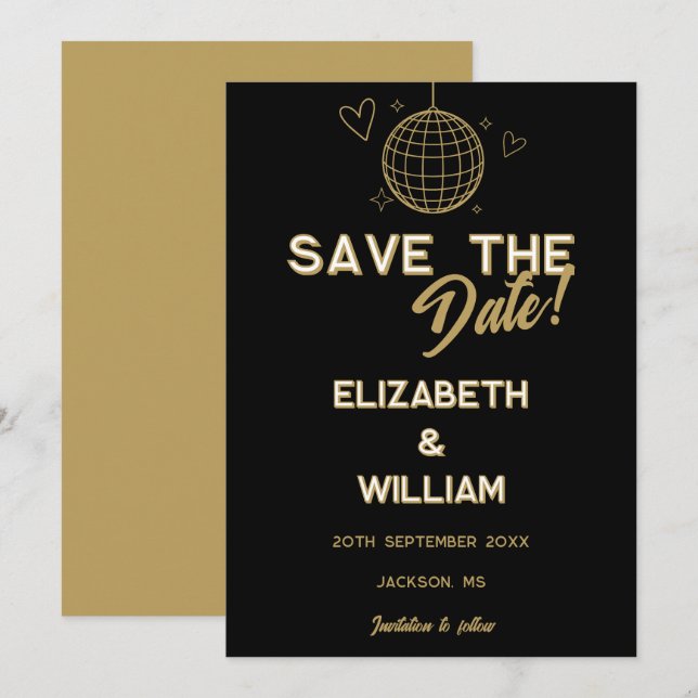 Reserve A Data Casamento Retro Disco Groovy Preto e Dourado (Frente/Verso)