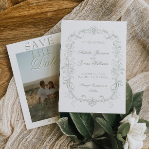Reserve A Data Casamento Retro Foto Verde Salvia Vintage Dinheiro