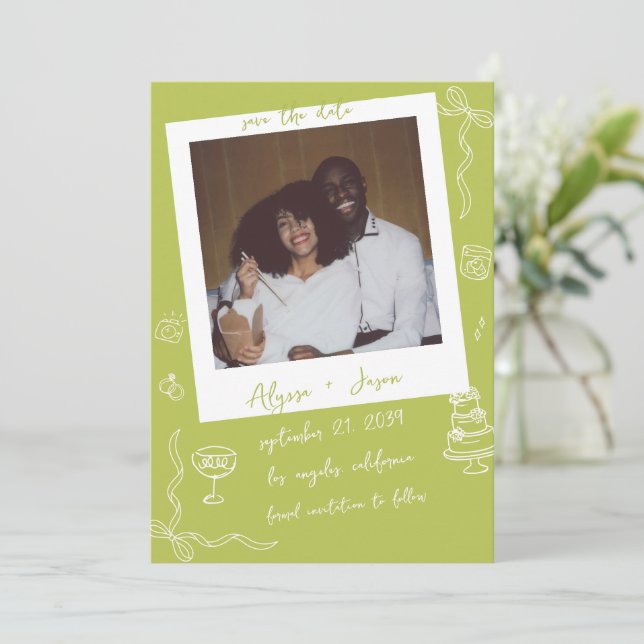 Reserve A Data Casamento Retro Manuscrito em Verde Carta (Em pé/Frente)