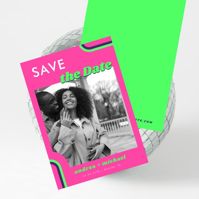 Reserve A Data Casamento Retro Rainbow Rosa e Verde (Criador carregado)