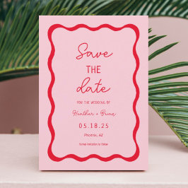 Reserve A Data Casamento Retro Rosa e Red Squiggle Salva a Data