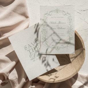 Reserve A Data Casamento Retro Vintage em Verde Salvia Antigo