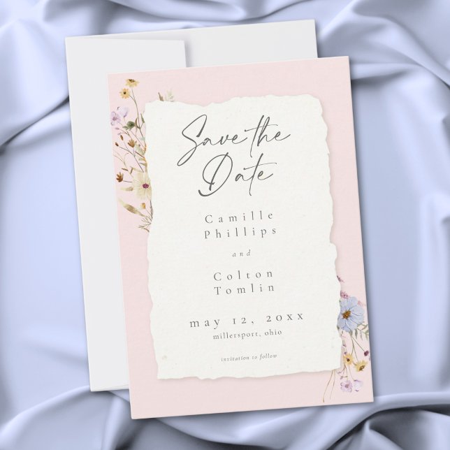 Reserve A Data Casamento Romântico de Flores Silvestres Rosa Bege (Rustic Blush Pink Romantic Wildflower Wedding Save The Date)