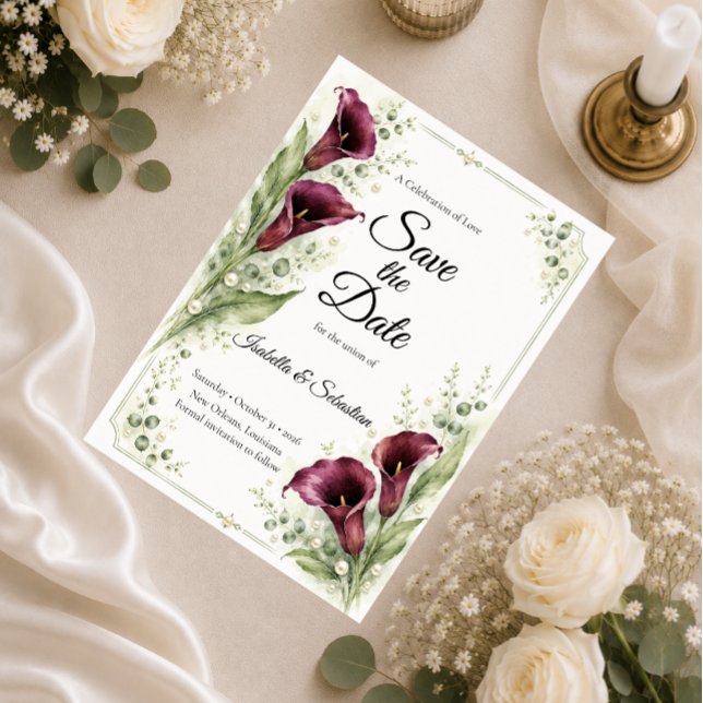 Reserve A Data Casamento Romântico de Lírio de Calla Ameixa Elega (Criador carregado)
