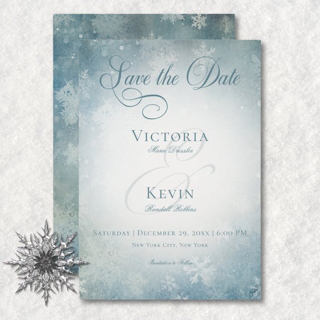 Reserve A Data Casamento Romântico de Neve Azul e Branco (Romantic Falling Snow Blue & White Wedding Save The Date)