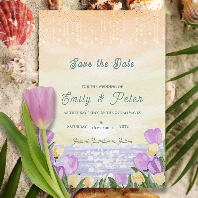 Reserve A Data Casamento Romântico de Ondas do Oceano à Beira da  (Watercolor Beach Romantic Ocean Waves Wedding Save The Date)