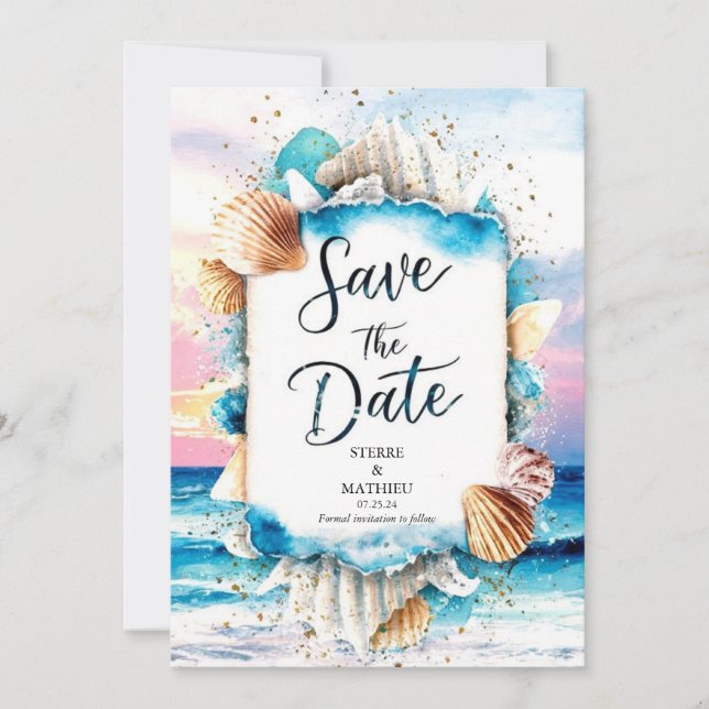 Reserve A Data Casamento Romântico de Praia Vintage (Frente)