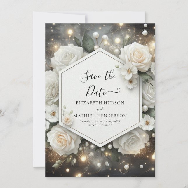Reserve A Data Casamento Romântico de Rosas Brancas Modernas (Frente)