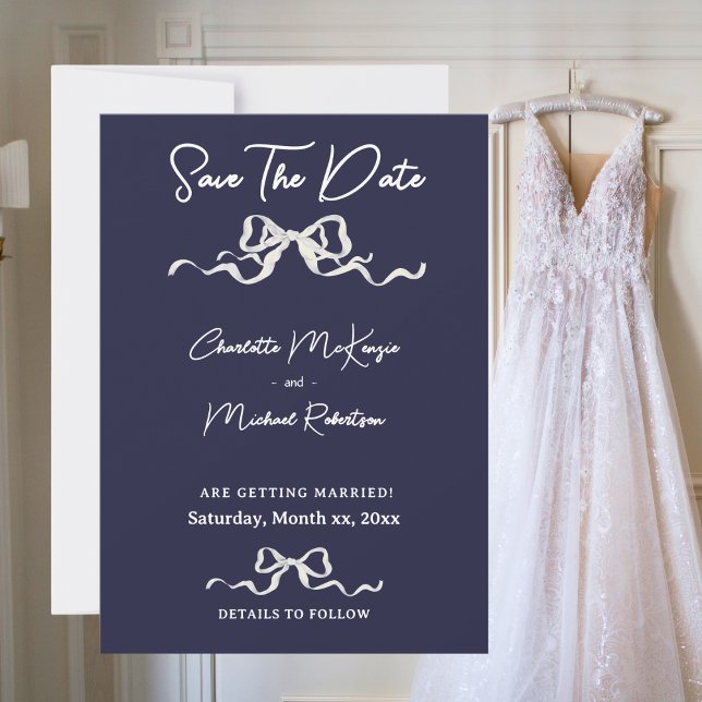 Reserve A Data Casamento Romântico Elegante Azul Marinho e Fita e (Elegant Romantic Wedding Navy & White Ribbon & Bow Save The Date)