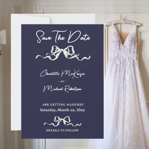 Reserve A Data Casamento Romântico Elegante Azul Marinho & Fita e