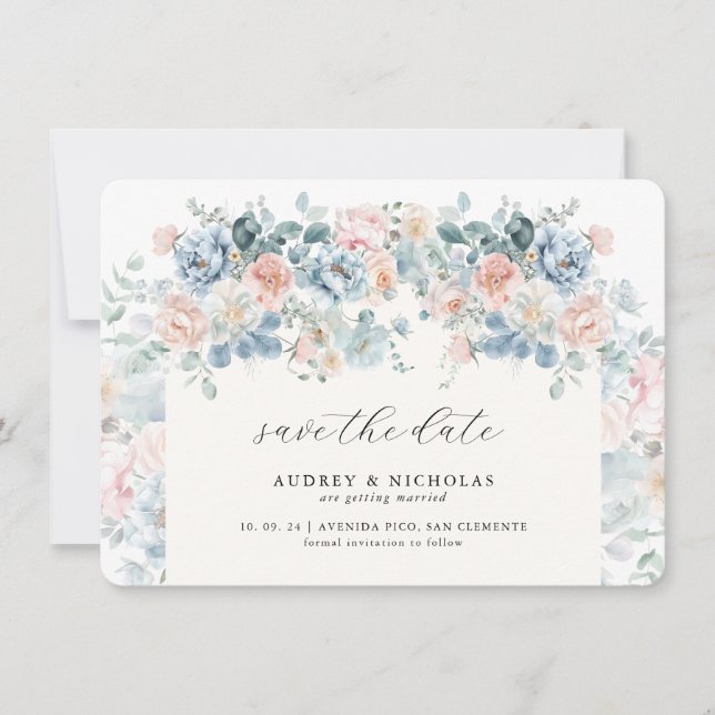 Reserve A Data Casamento Romântico Elegante com Florais em Azul E (Frente)