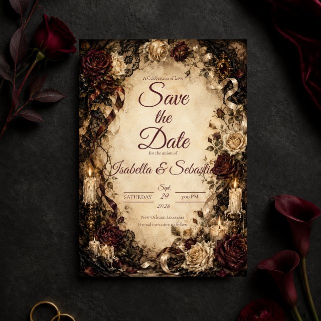 Reserve A Data Casamento Romântico Gótico Rosa (Criador carregado)