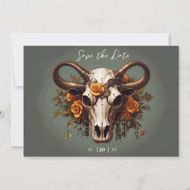 Reserve A Data Casamento Romântico Steampunk Floral Cow Skull (Frente)