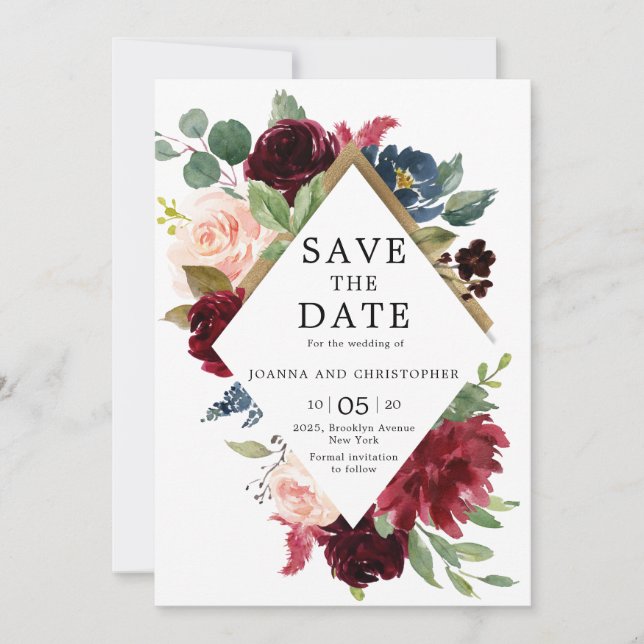 Reserve A Data Casamento Rosa Bege Azul Marsala Borgonha (Frente)