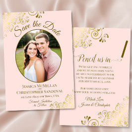 Reserve A Data Casamento Rosa Bege Oval Foto Dourada Elegante