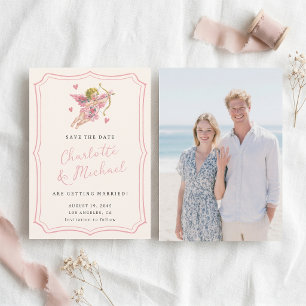 Reserve A Data Casamento Rosa Cupido Querubim Retro Escrito à Mão