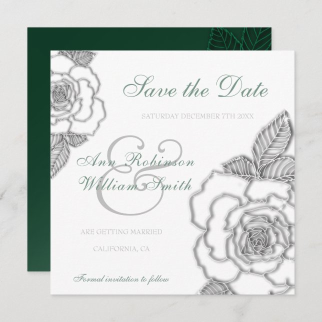Reserve A Data Casamento rosa de prata verde-esmeralda (Frente/Verso)