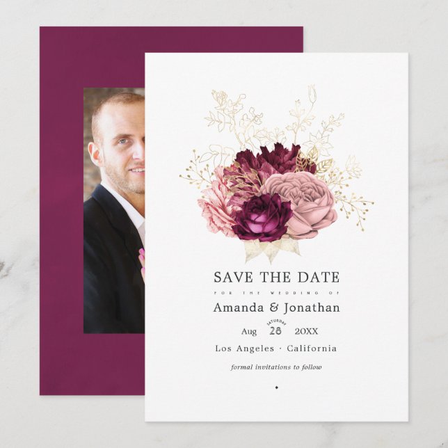Reserve A Data Casamento Rosa e Dourado Burgundy - Marsala Blush (Frente/Verso)