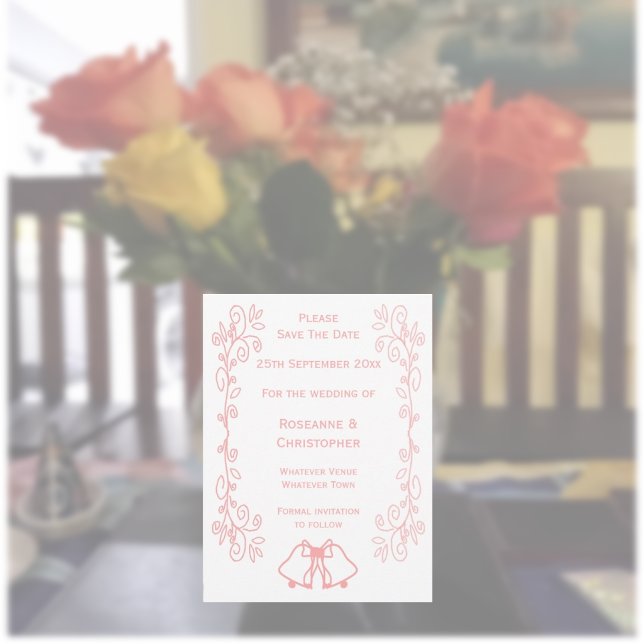 Reserve A Data Casamento Rosa Salve A Rolagem De Sinos De Data (Pink wedding save the date card bells and scrollwork design)