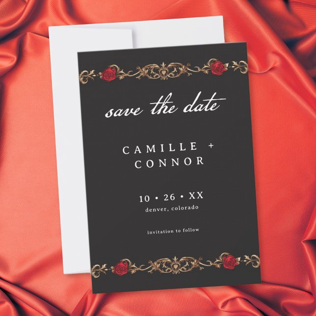 Reserve A Data Casamento Rosa Vermelho Gótico Até a Morte (Gothic Red Rose Until Death Wedding Save The Date)