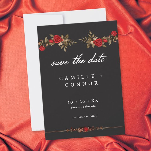 Reserve A Data Casamento Rosa Vermelho Gótico Até a Morte (Gothic Red Rose Until Death Wedding Save The Date)