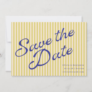 Reserve A Data Casamento Rosto Amarelo Azul Listra Retro Script