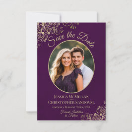 Reserve A Data Casamento Roxo Ameixa Foto Oval Ondas Douradas Ele