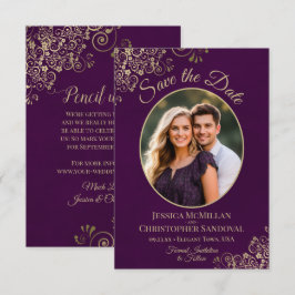 Reserve A Data Casamento Roxo Ameixa Foto Oval Ondas Douradas Ele