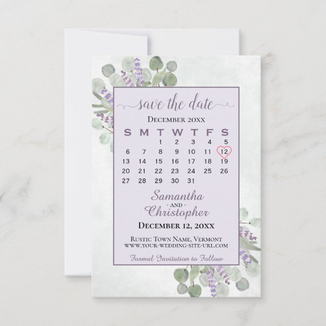 Reserve A Data Casamento Roxo do Calendário de Lavandas Eucalyptu (Frente)