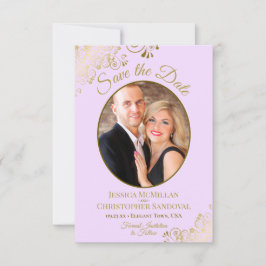 Reserve A Data Casamento Roxo Lilac, Foto Oval Dourada Elegante