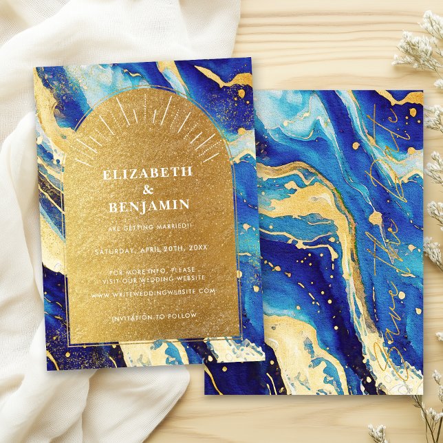 Reserve A Data Casamento Royal Navy Azul Arco Dourado Salve a Dat (Criador carregado)