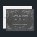Reserve A Data Casamento Russo do Chalkboard Negro<br><div class="desc">Este casamento formal salve o cartão de anúncio de data com um design de estilo de etiqueta de vinho vintage. Os desenhos desenhados à mão com um olhar de giz das folhas de videira enquadram os detalhes importantes. Um simples monograma florescido aparece no verso. Branco suave / cinzas em um...</div>