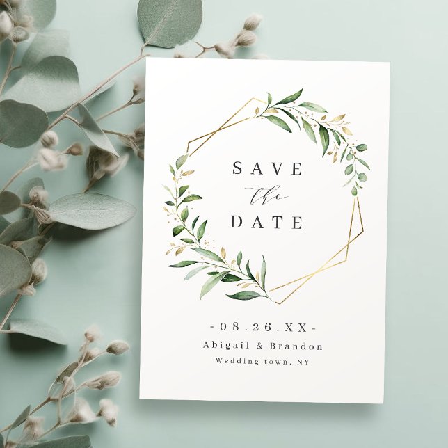 Reserve A Data Casamento Russo Geométrico Dourado do Verde Modern (Modern Greenery Gold Geometric Rustic Wedding Save The Date)