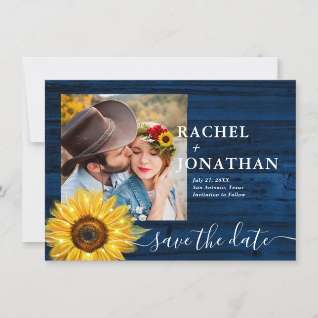 Reserve A Data Casamento Rustic Blue Sunflower Salvar Data (Frente)