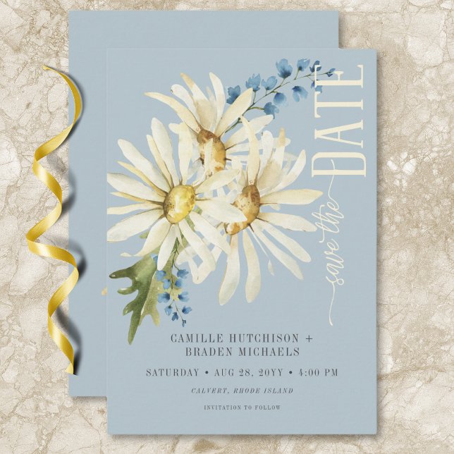 Reserve A Data Casamento Rustic Blue & White Daisies (Rustic Blue & White Daisies Wedding Save The Date)