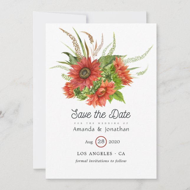 Reserve A Data Casamento Rustic Bohemian Red Sunflower (Frente)