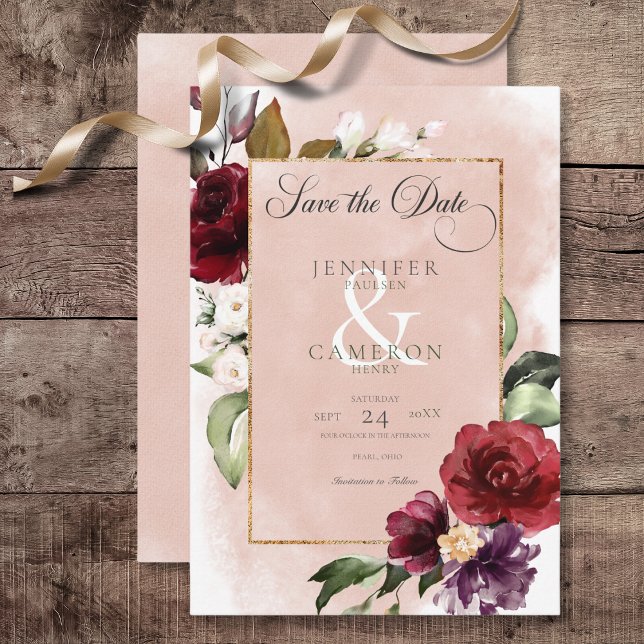 Reserve A Data Casamento Rustic Burgundy & Blush Pink Roses (Rustic Burgundy & Blush Pink Roses Wedding Save the Date Card)