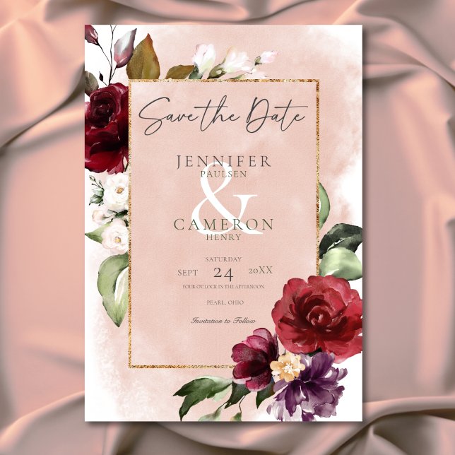 Reserve A Data Casamento Rustic Burgundy & Blush Pink Roses (Rustic Burgundy & Blush Pink Roses Wedding Save The Date)