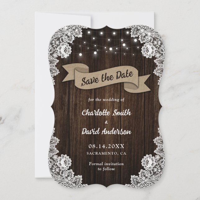 Reserve A Data Casamento Rustic Chic Wood Burlap Lace (Frente)