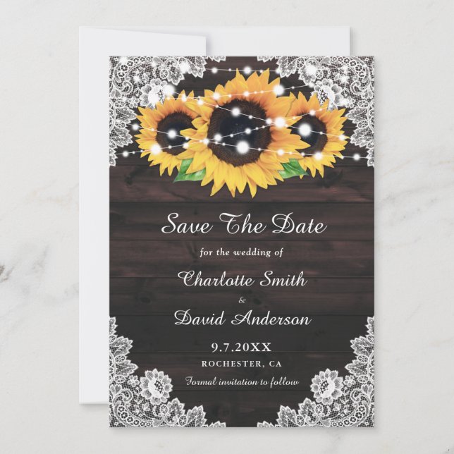 Reserve A Data Casamento Rustic Chic Wood Lace Sunflower (Frente)