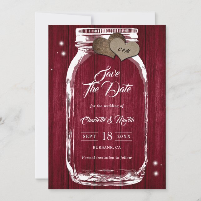 Reserve A Data Casamento Rustic Country Burgundy Mason Jar (Frente)