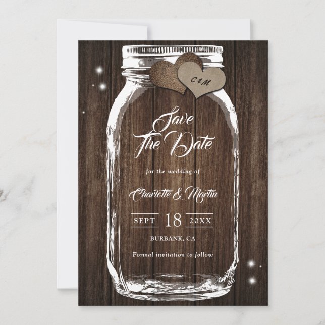 Reserve A Data Casamento Rustic Country Wood Mason Jar (Frente)
