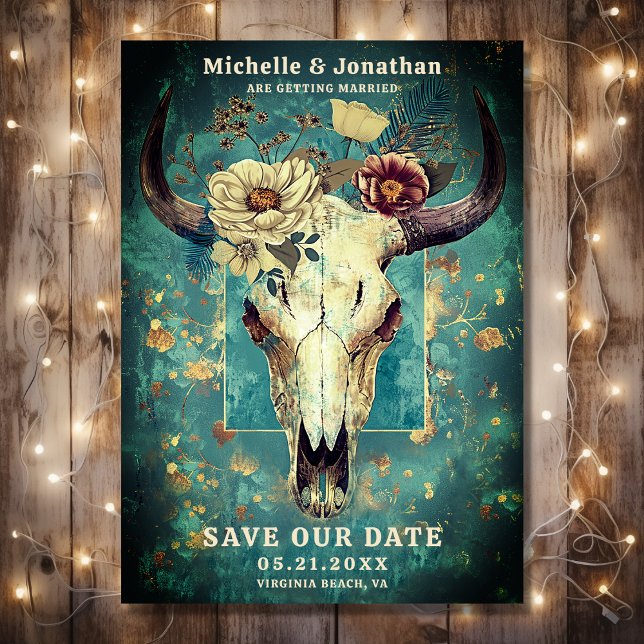 Reserve A Data Casamento Rustic Cow Skull Floral Boho Western (Front - Rustic Cow Skull Floral Boho Western Wedding Save The Date)
