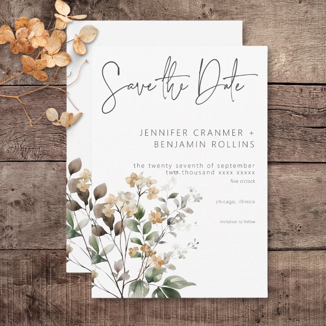 Reserve A Data Casamento Rustic Delicate Tan Fall Selvagens (Rustic Delicate Tan Fall Wildflowers Wedding Save the Date Card)