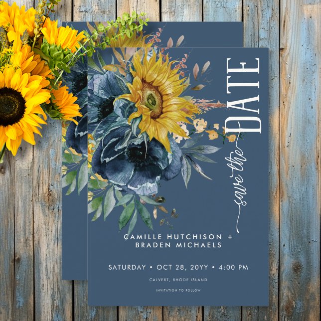 Reserve A Data Casamento Rustic Dusty Blue Sunflower (Rustic Dusty Blue Sunflowers Wedding Save The Date)