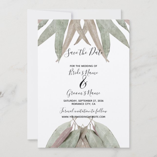 Reserve A Data Casamento Rustic Eucalyptus Leaf Salvar A Data (Frente)